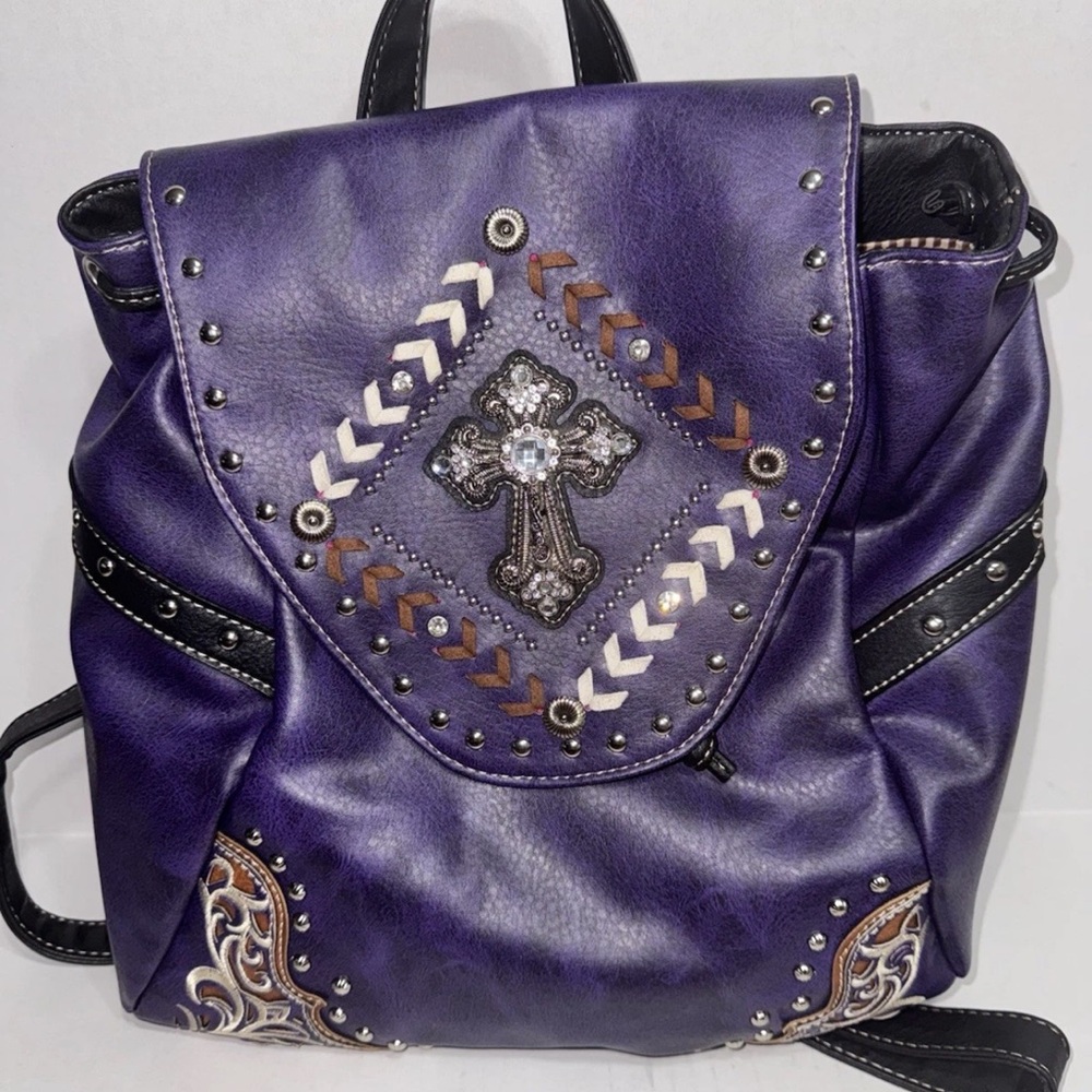 Justin West Trendy Western Cross Rhinestone Conceal Carry Womens Backpack Purple
